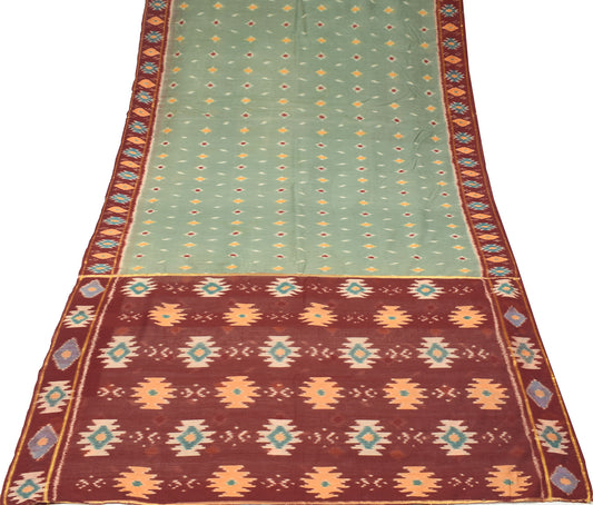 Sushila Vintage Green Saree Hand Woven Ikat Pure Cotton Silk Pochampally Sari Fabric