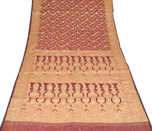 Sushila Vintage Maroon Aari Work Saree Pure Organza Silk Woven Sari Craft Fabric