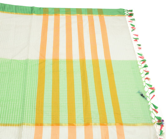 Sushila Vintage Woven Art Silk Saree Green White Check Orange Stripes 6YD Sari