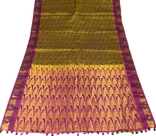 Sushila Vintage Pure Silk Saree Woven Brocade Green Magenta Sari Craft Fabric