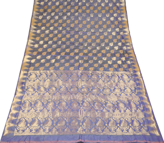 Sushila Vintage Blue Saree Leaves Zari Woven Pure Silk Sari Craft Fabric