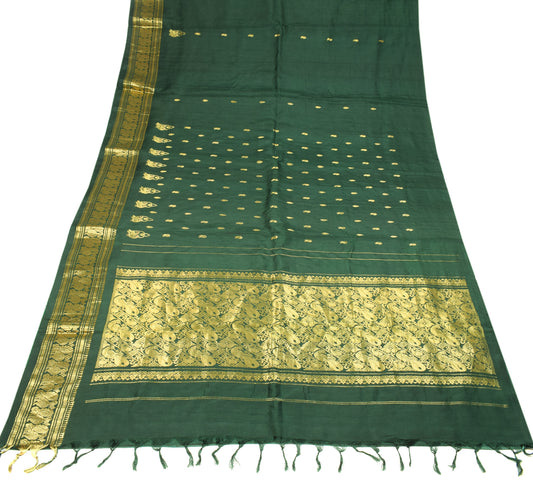 Sushila Vintage Dark Green Kanjivaram Saree Pure Silk Peacock Brocade Sari Fabric