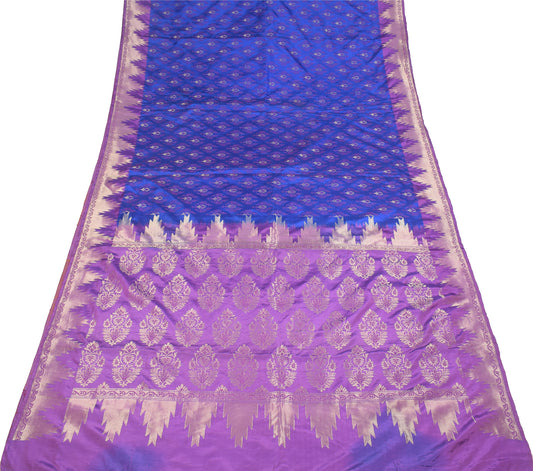 Sushila Vintage Blue Hand Woven Saree Purple Border Pallu Pure Silk Brocade Sari Fabric