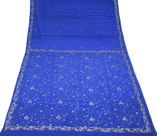 Sushila Vintage HEAVY Blue Saree Hand Embroidered Pure Crepe Silk Soft Sari Fabric