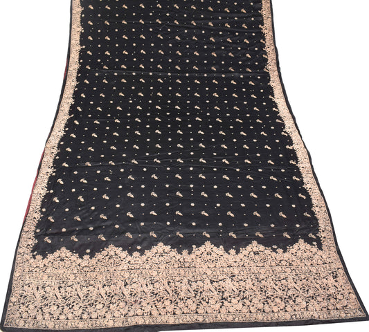Sushila Vintage HEAVY Zardozi Work Saree Black Pure Satin Silk Sari Craft Fabric