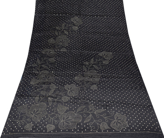 Sushila Vintage Handmade Mukesh Work Sari Black Pure Crepe Saree Craft Fabric