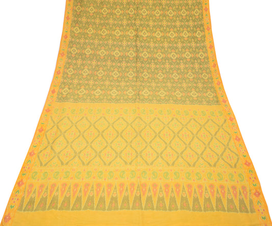 Sushila Vintage Green Saree Hand Woven Ikat Pure Silk Soft Sari Craft Fabric