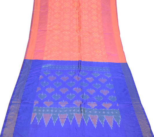 Sushila Vintage Peach Blue Saree Hand Woven Ikat Art Silk Soft Pochampally Sari Fabric