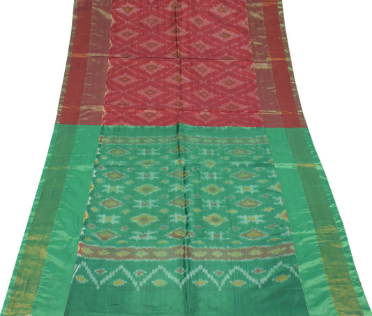 Sushila Vintage Maroon Saree Hand Woven Ikat Art Silk Pochampally Sari Fabric