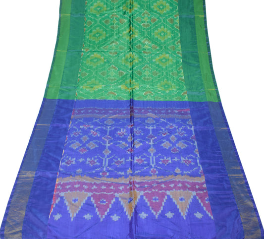 Sushila Vintage Green Blue Saree Hand Woven Ikat Pochampally Art Silk Sari Fabric