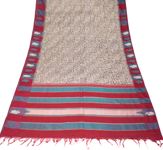 Sushila Vintage Pure handloom Silk Saree Block Print 5YD Beige Sari Craft Fabric
