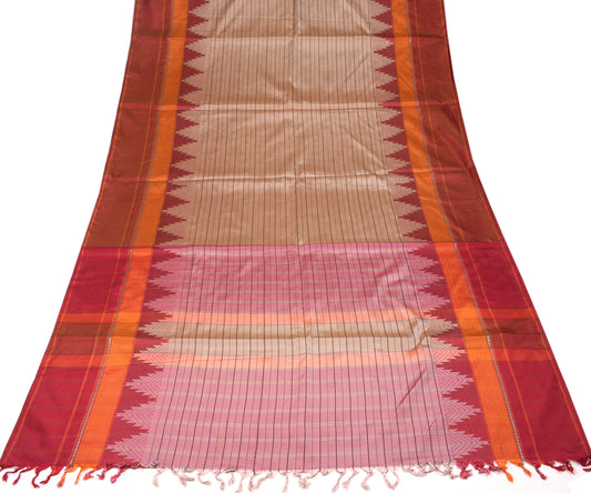 Sushila Vintage Brown Handloom Saree Stripe Woven Pure Silk Sari Craft Fabric