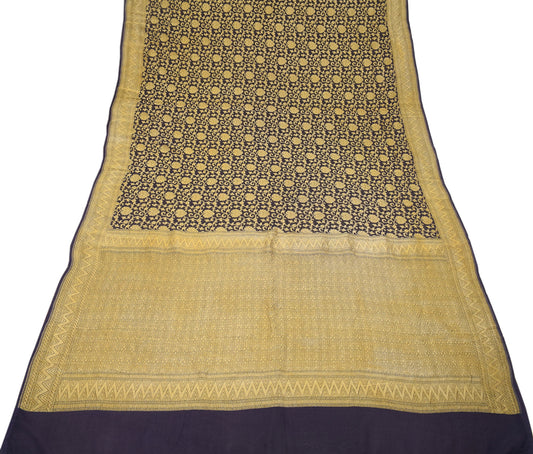 Sushila Vintage Dark Blue HEAVY Saree Pure Banarasi Georgette Floral Woven Sari Fabric
