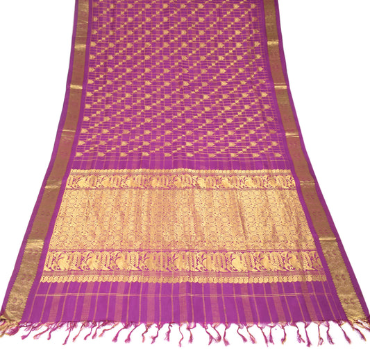Sushila Vintage Kanjivaram Purple Saree Pure Silk Gold Zari Brocade HEAVY Sari Fabric