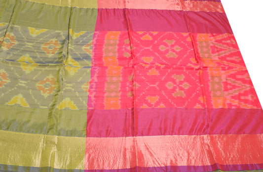 Sushila Vintage Green Saree Hand Woven Ikat Art Pochampally Silk Sari Fabric
