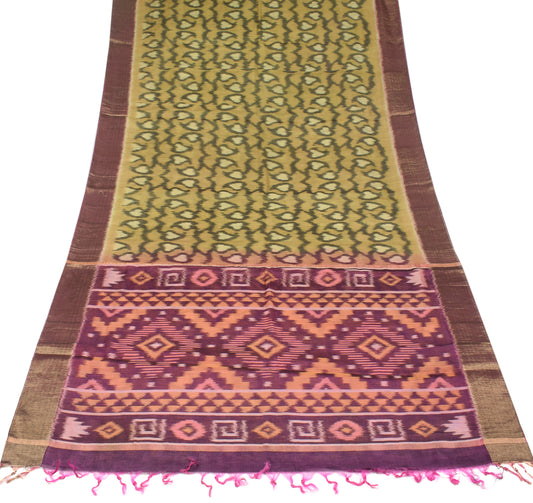 Sushila Vintage Green Pochampally Saree Hand Woven Ikat Pure Cotton Silk Sari Fabric