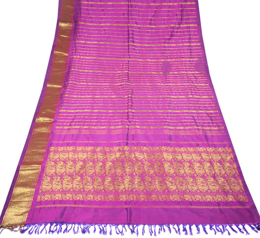 Sushila Vintage Pure Kanjivaram Silk Saree Purple Gold Zari Brocade Sari Fabric