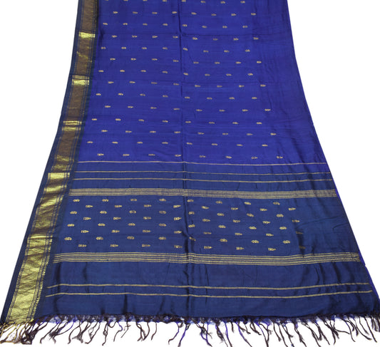 Sushila Vintage Pure Kanchipuram Silk Saree Gold Zari Blue Soft Sari Craft Fabric