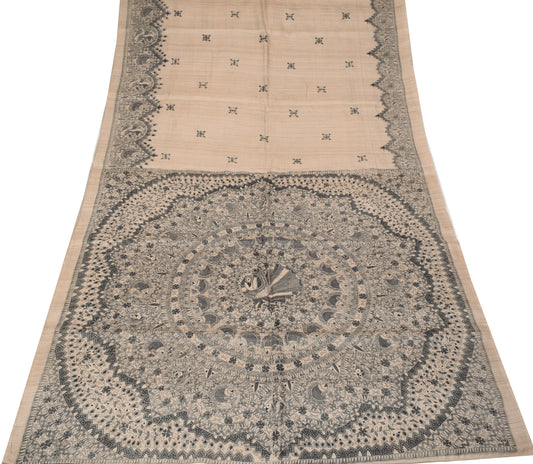 Sushila Vintage Handprinted Madhubani Saree Pure Khadi Tussar Brown Sari Craft Fabric (