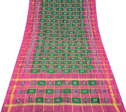 Sushila Vintage Green Saree Pochampally Ikat Zari Woven Pure Silk Sari Fabric