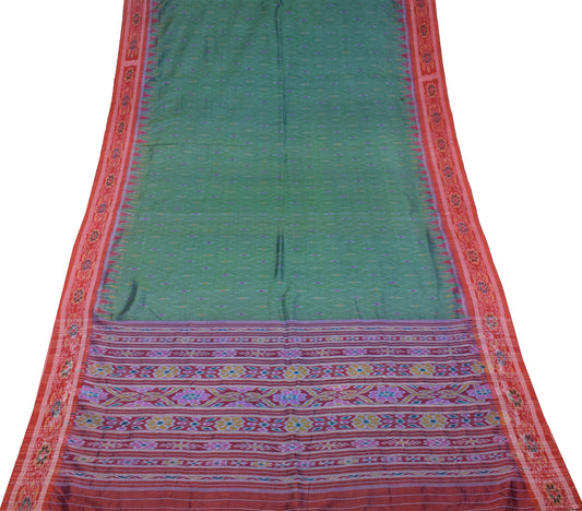 Sushila Vintage Pochampally Ikat Saree handloom Pure Silk Green Sari Craft Fabric