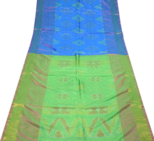 Sushila Vintage Pochampally Ikat Saree Geometrical Art Silk Pink Blue Sari Fabric