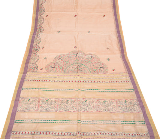 Sushila Vintage Hand-Painted Madhubani Saree Pure Tussar silk Beige Sari Craft Fabric