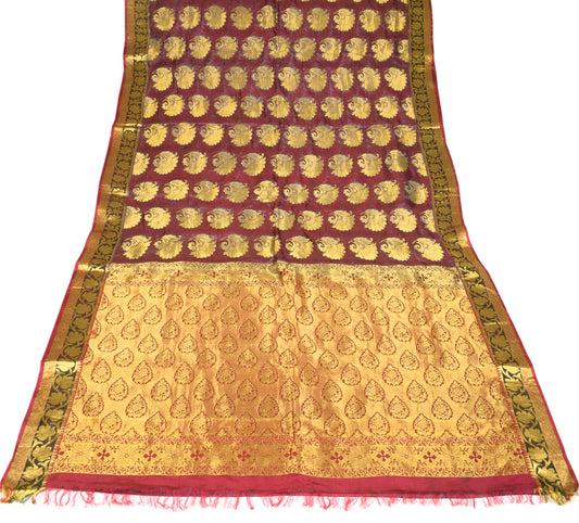Sushila Vintage Gray Gold Zari Saree Kanchipuram Pure Silk HEAVY Sari Fabric