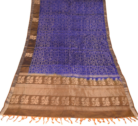 Sushila Vintage Blue Saree Contrast Border Pallu Pure Silk Zari Woven Sari Fabric