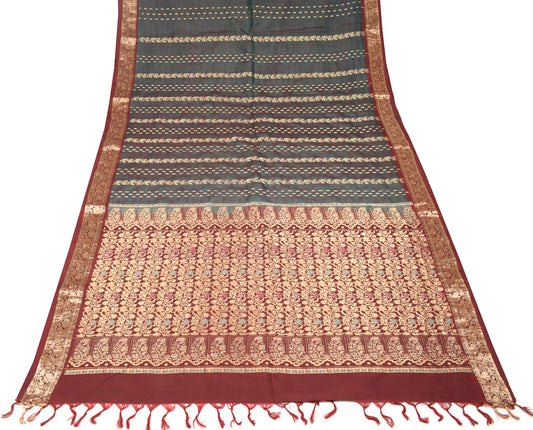 Sushila Vintage Green Kanjivaram Saree Pure Silk Gold Zari Woven Sari Fabric