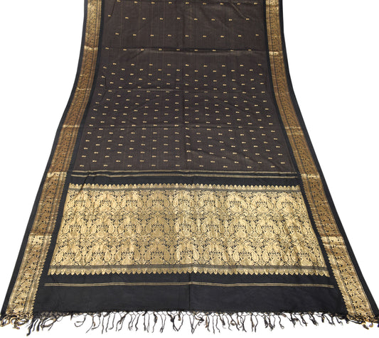 Sushila Vintage Kanjivaram Black Saree Gold Zari Pure Silk HEAVY Sari Fabric