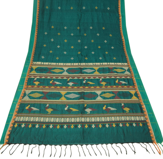 Sushila Vintage Teal Green Sari kanchi Pure Silk Cotton Bomkai Thread Work Pallu Saree