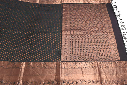 Sushila Vintage Black Copper Saree Pure Silk Kanjivaram HEAVY Sari Fabric