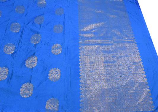 Sushila Vintage Blue Art Silk Saree Brocade Floral 6 YD Sari Blouse Fabric