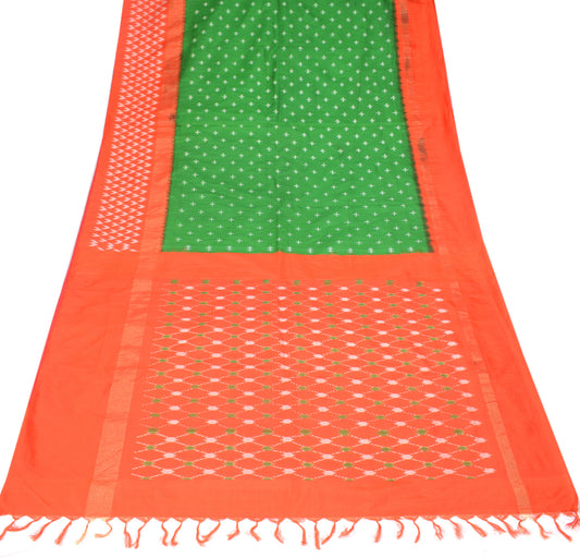 Sushila Vintage Green Orange Saree Hand Woven Ikat Pure Silk Sari Fabric