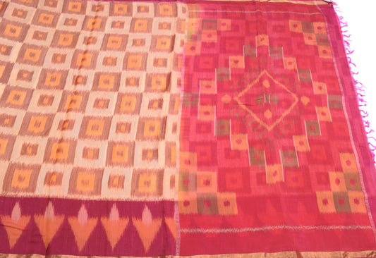 Sushila Vintage Beige Saree Pure Cotton Silk Ikat Geometrical Sari Fabric