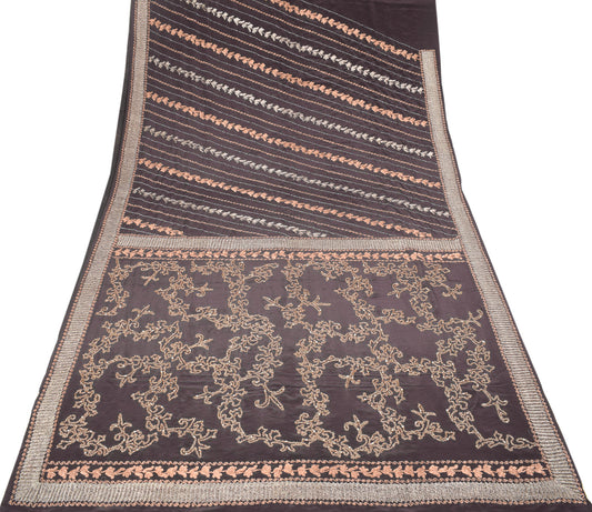 Sushila Vintage Brown Saree Zardozi Work Pure Crepe Silk HEAVY Sari Fabric