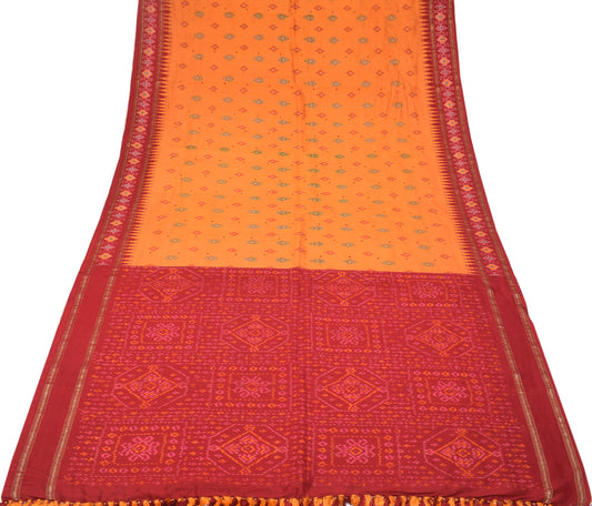Sushila Vintage Orange Saree Hand Woven Ikat Pure Silk Sari Soft Fabric