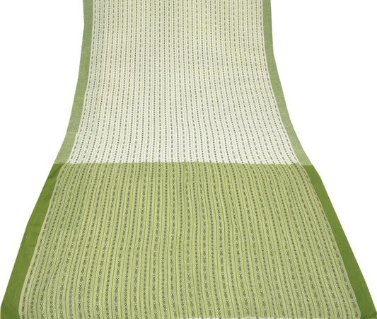 Sushila Vintage White Green Saree Hand Woven Fish Art Cotton Sari Craft Fabric