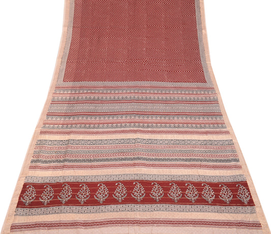 Sushila Vintage Maroonb Saree Block Print Pure Cotton Silk Sari Craft Fabric