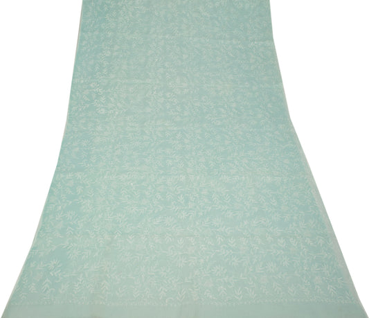 Sushila Vintage Light Aqua Saree Pure Cotton Hand Embroidered HEAVY Sari Fabric