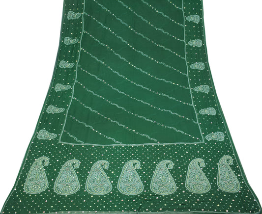 Sushila Vintage Green Saree Pure Georgette HEAVY Sari Handmade 6YD Fabric