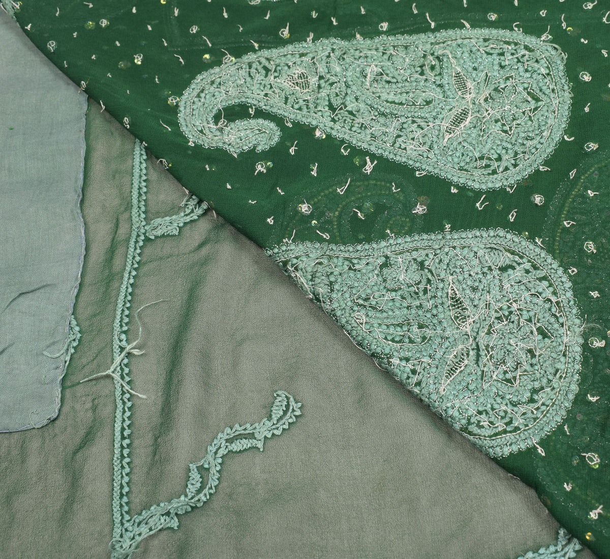 Sushila Vintage Green Saree Pure Georgette HEAVY Sari Handmade 6YD Fabric