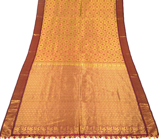 Sushila Vintage HEAVY Green Saree Pure Kanjivaram Silk Brocade Sari Fabric