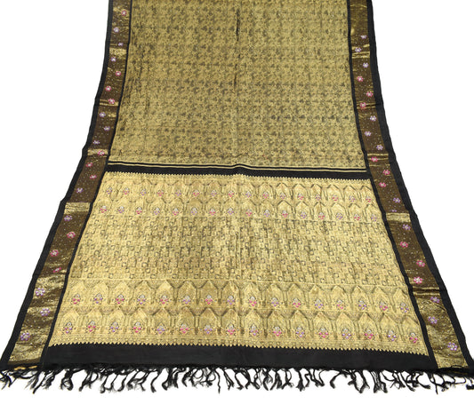 Sushila Vintage Gold Black Saree Pure Silk Kanjivaram Brocade Sari Fabric