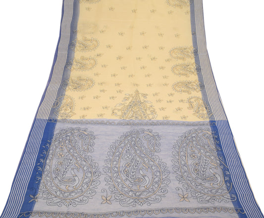 Sushila Vintage Hand Embroidered Kantha Saree Pure Cotton Yellow Sari Fabric