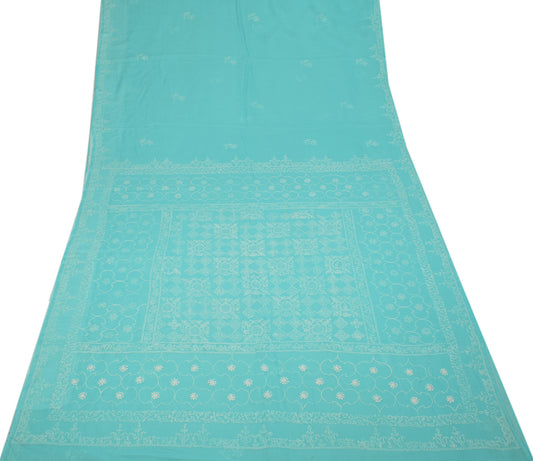 Sushila Vintage Lucknowi Chikankari Saree Aqua Blue Art Cotton Sari Craft Fabric