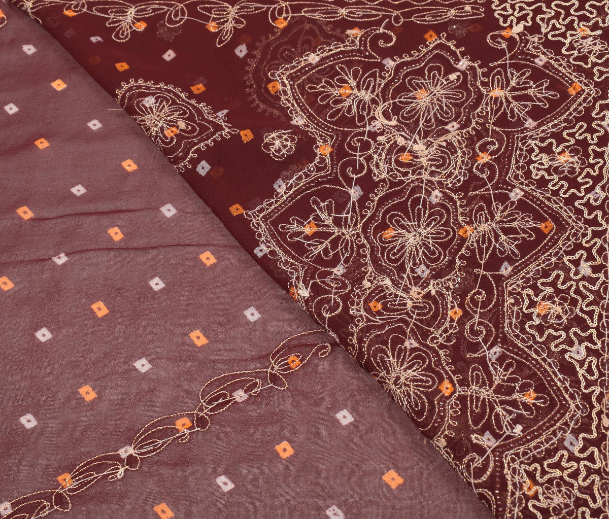 Sushila Vintage Maroon Bandhani Saree Pure Georgette Embroidered HEAVY Sari Fabric