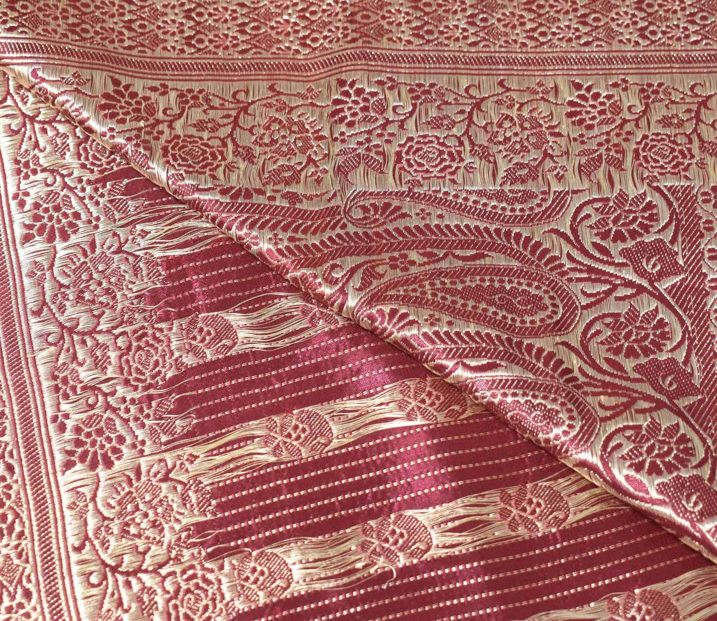 Sushila Vintage Heavy Red Saree Pure Satin Silk Banarasi Brocade Woven Sari Fabric