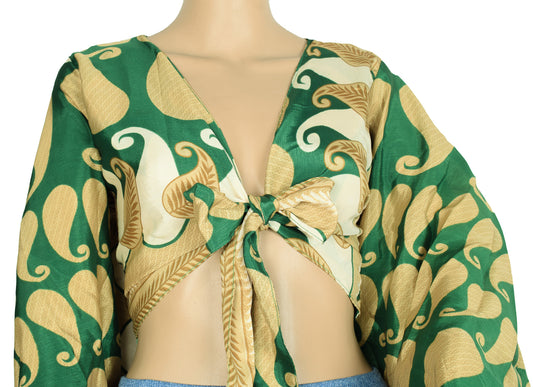Sushila Vintage Bell Sleeve Top Green Recycled Silk Saree New 70s Retro Bohemian